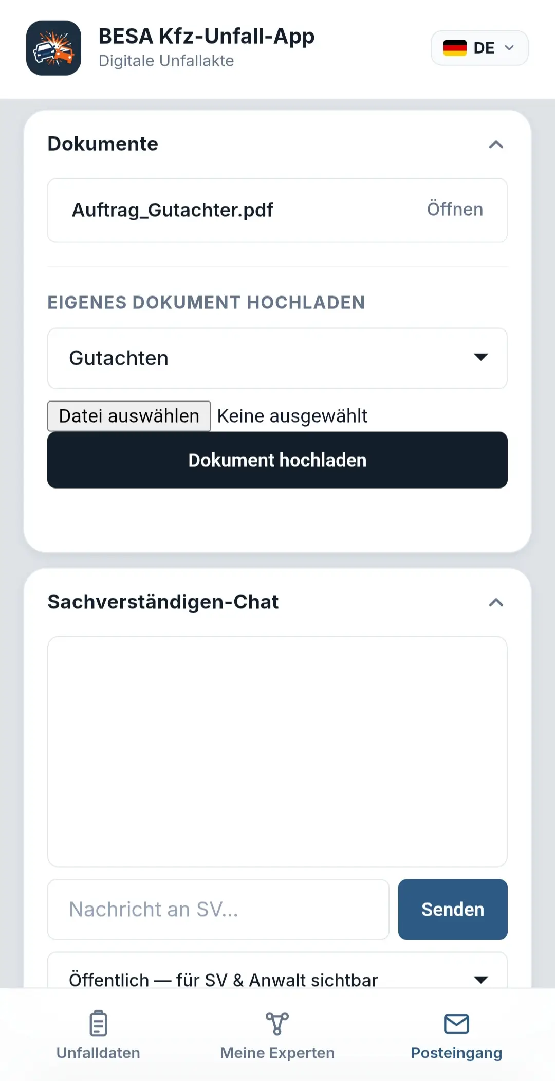 Posteingang der Unfallakte mit allen Dokumenten
